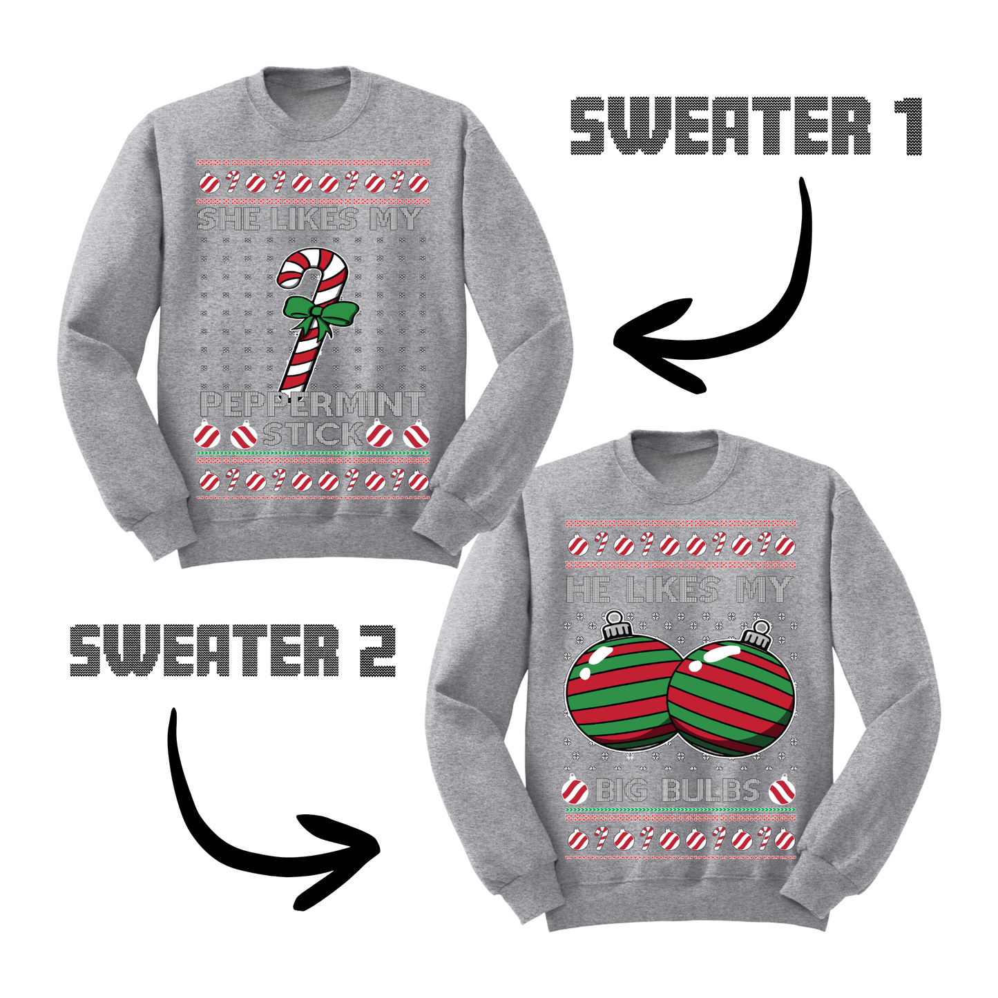Couples Ugly Christmas Sweater Peppermint Stick Big Bulbs