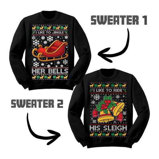 Couples Ugly Christmas Sweater Jingle Her Bells Ride His Sleigh