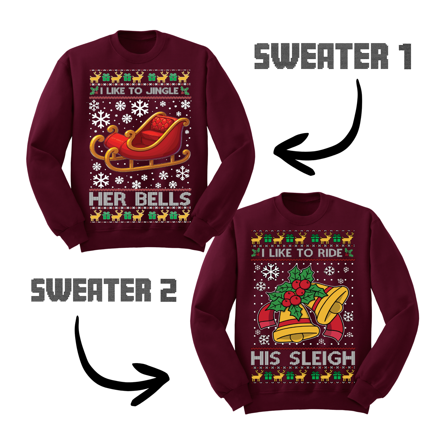Couples Ugly Christmas Sweater Jingle Her Bells Ride His Sleigh