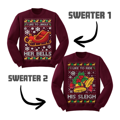 Couples Ugly Christmas Sweater Jingle Her Bells Ride His Sleigh