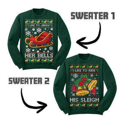 Couples Ugly Christmas Sweater Jingle Her Bells Ride His Sleigh