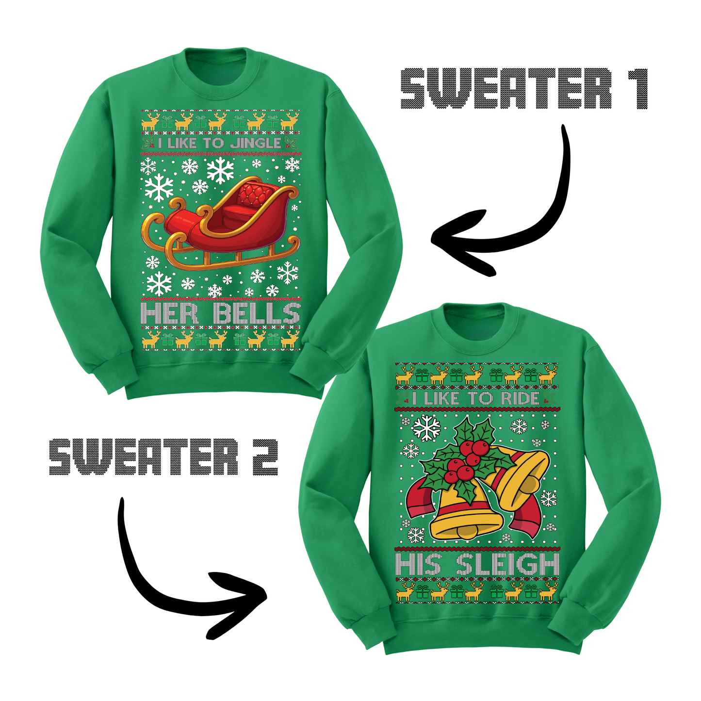 Couples Ugly Christmas Sweater Jingle Her Bells Ride His Sleigh