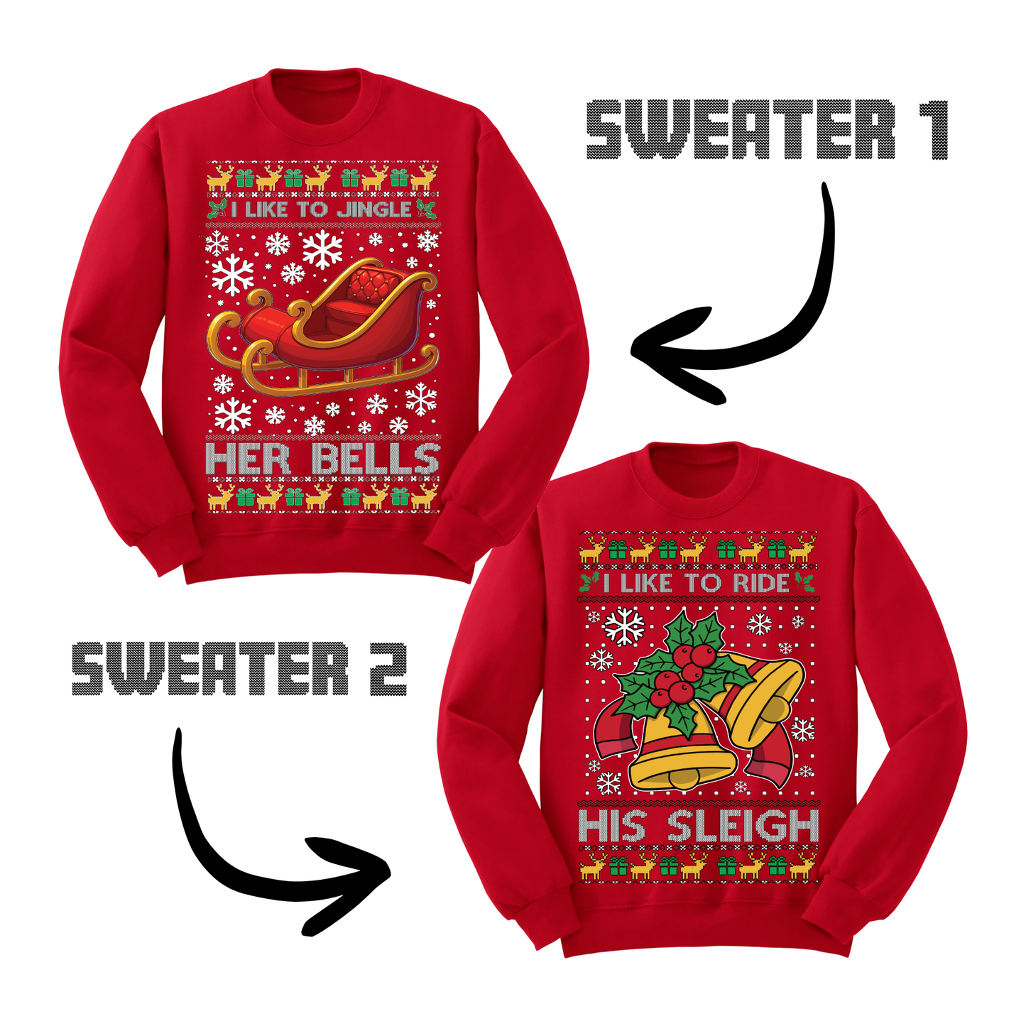 Couples Ugly Christmas Sweater Jingle Her Bells Ride His Sleigh