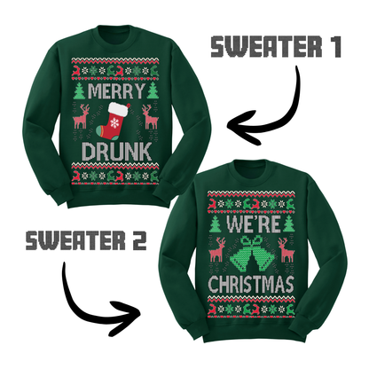 Couples Ugly Christmas Sweater Merry Drunk We're Xmas