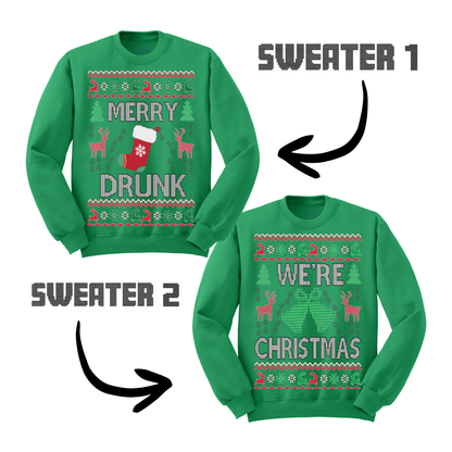 Couples Ugly Christmas Sweater Merry Drunk We're Xmas