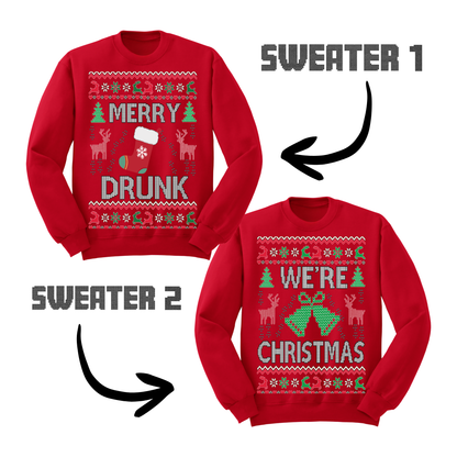 Couples Ugly Christmas Sweater Merry Drunk We're Xmas