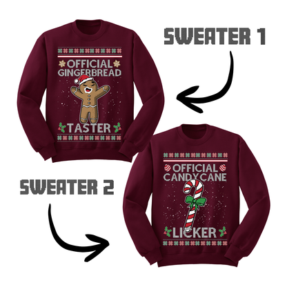 Couples Ugly Christmas Sweater Gingerbread Taster Candy Cane Licker