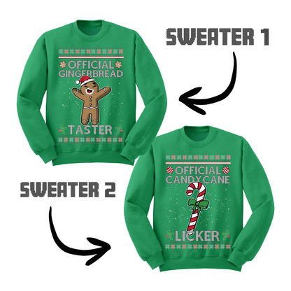 Couples Ugly Christmas Sweater Gingerbread Taster Candy Cane Licker