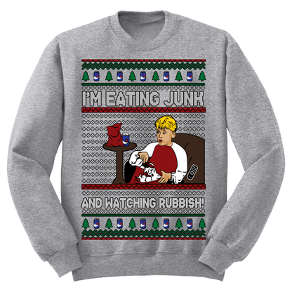 Ugly Christmas Sweater Eating Junk Watching Rubbish Kevin