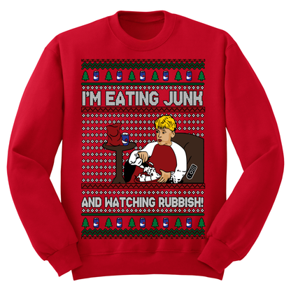 Ugly Christmas Sweater Eating Junk Watching Rubbish Kevin