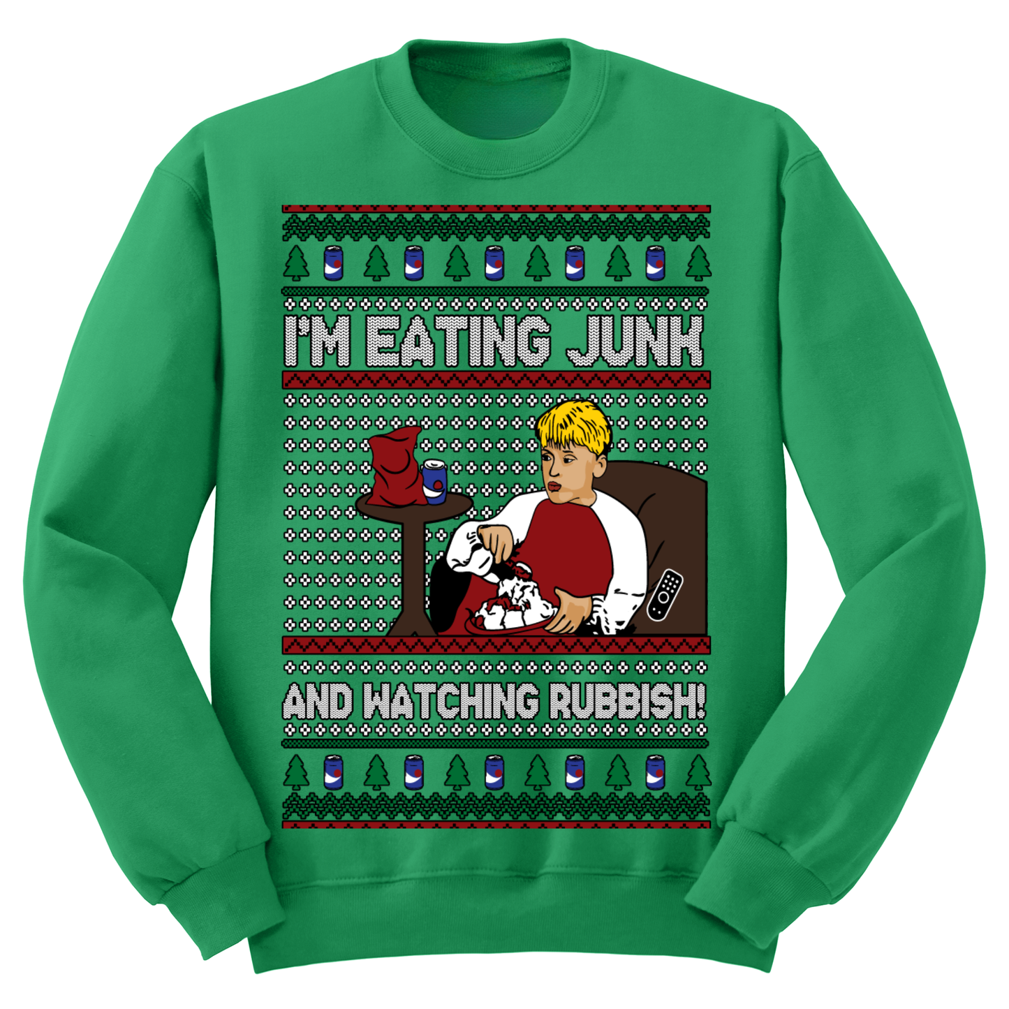 Ugly Christmas Sweater Eating Junk Watching Rubbish Kevin