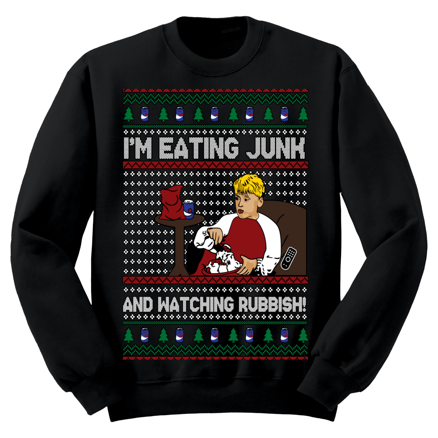 Ugly Christmas Sweater Eating Junk Watching Rubbish Kevin